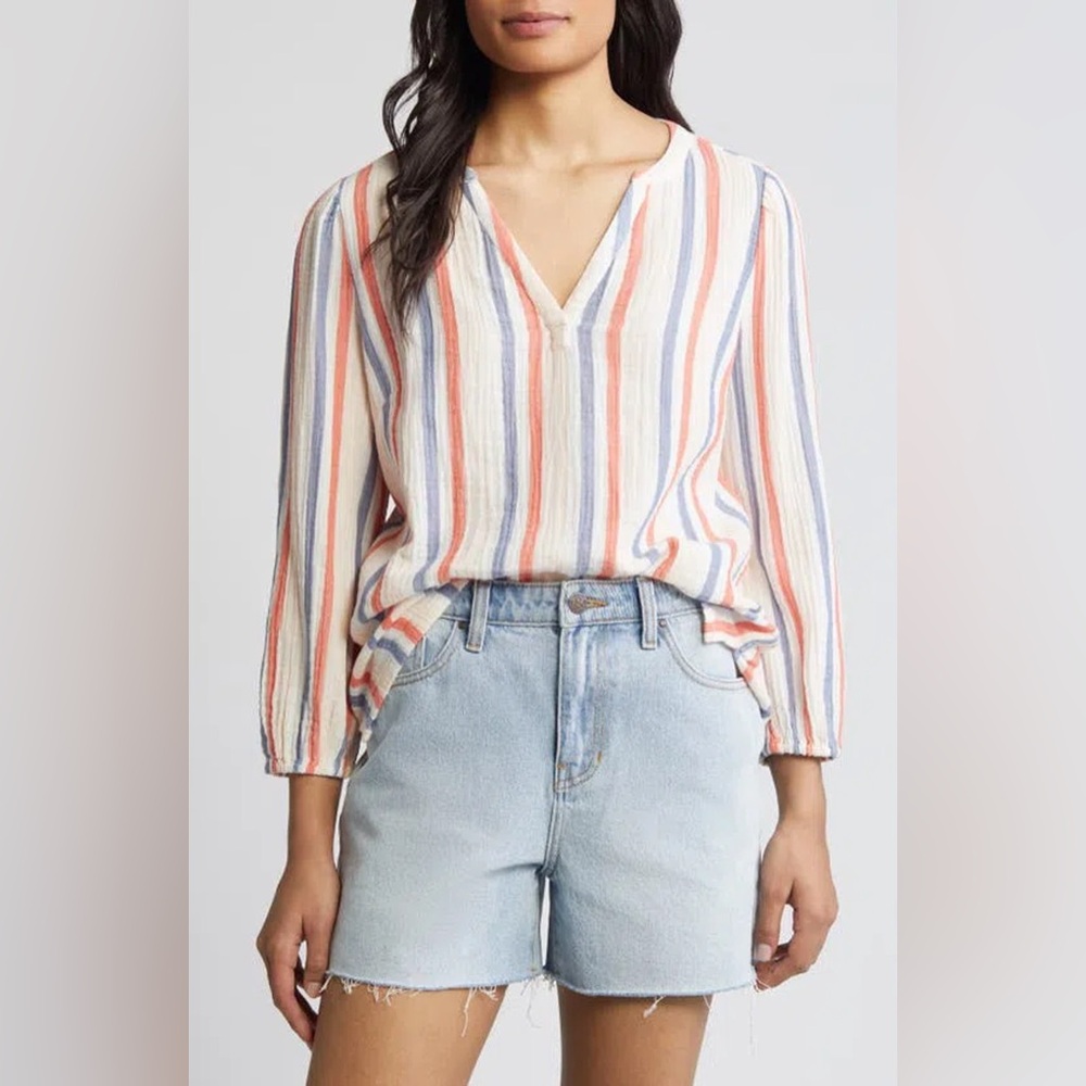 NWT CASLON STRIPE COTTON GAUZE POPOVER TOP IN PINK BEACH RED NAPA STRIPE Sz 2X